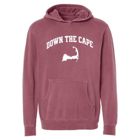 nantucket red hoodie with 'Down The Cape' text and logo on a white background