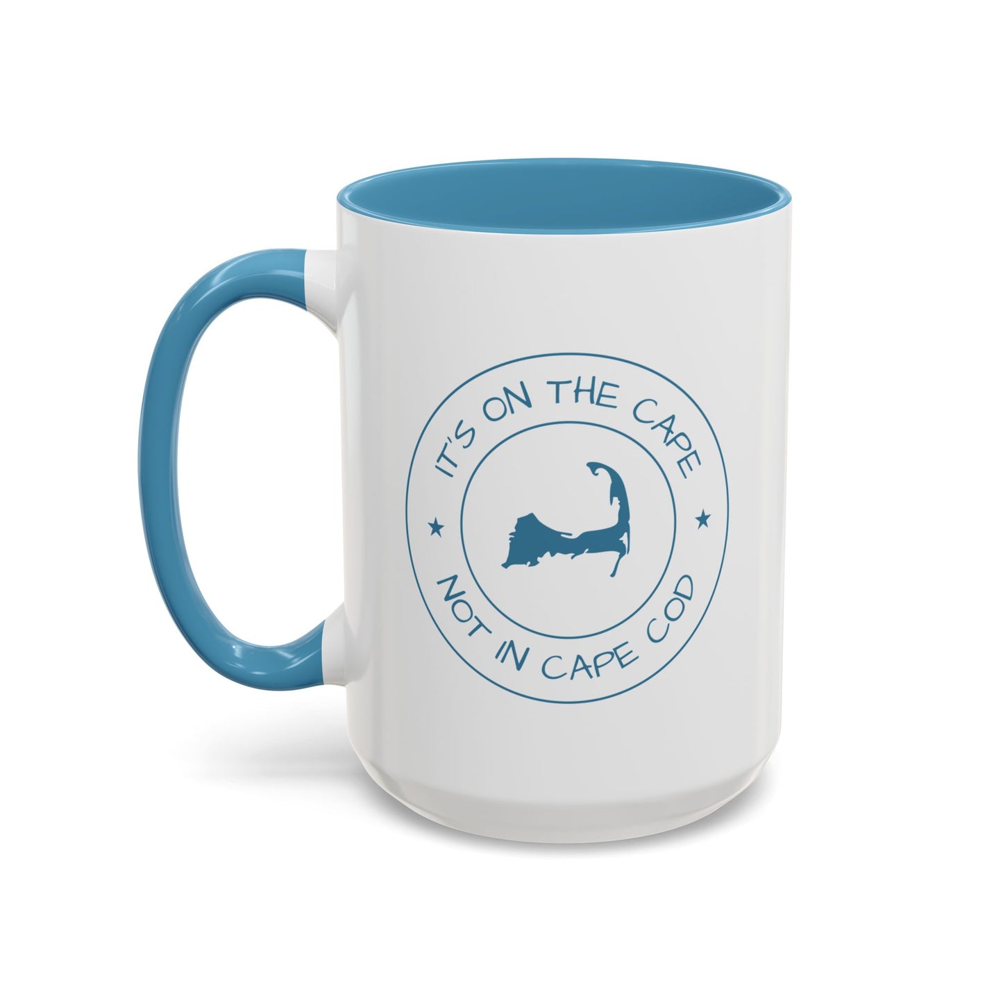 White mug with blue interior and handle, featuring a map of Cape Cod and text.