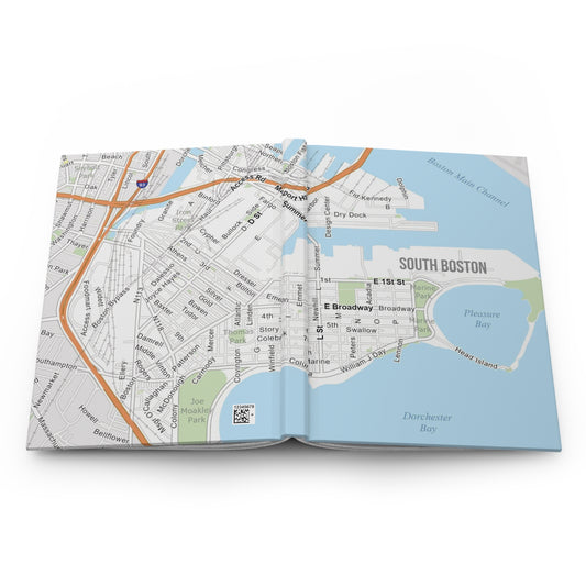 Open journal book with a map of South Boston on a white background