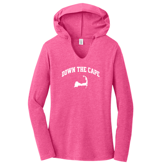 A women's heather pink long-sleeve V-neck hoodie with 'DOWN THE CAPE' and a white silhouette graphic on the chest, shown on a plain white background.