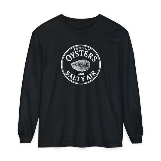 black long sleeve t shirt with an oyster graphic and the words fond of oysters and salty air in white ink