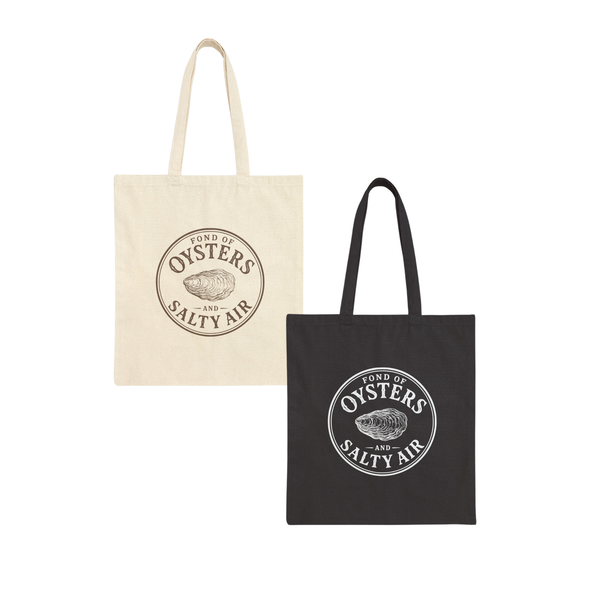 Two canvas tote bags on a plain white background: one natural cream bag and one black bag, each printed with a circular logo reading ' fond of OYSTERS and SALTY AIR' with an oyster illustration.