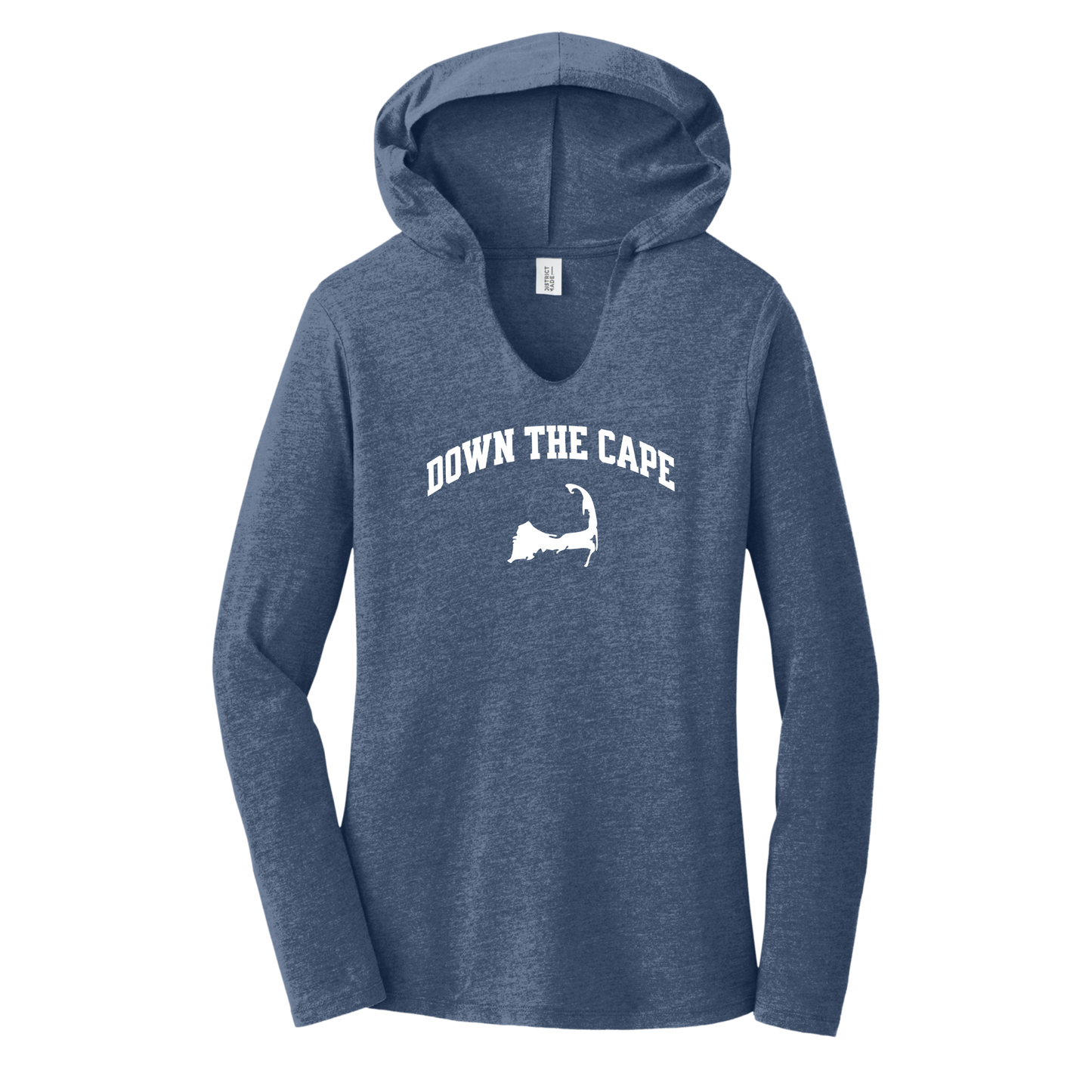 A women's heathered blue long-sleeve V-neck hoodie with 'DOWN THE CAPE' and a Cape Cod silhouette printed in white on the chest, shown on a plain white background.