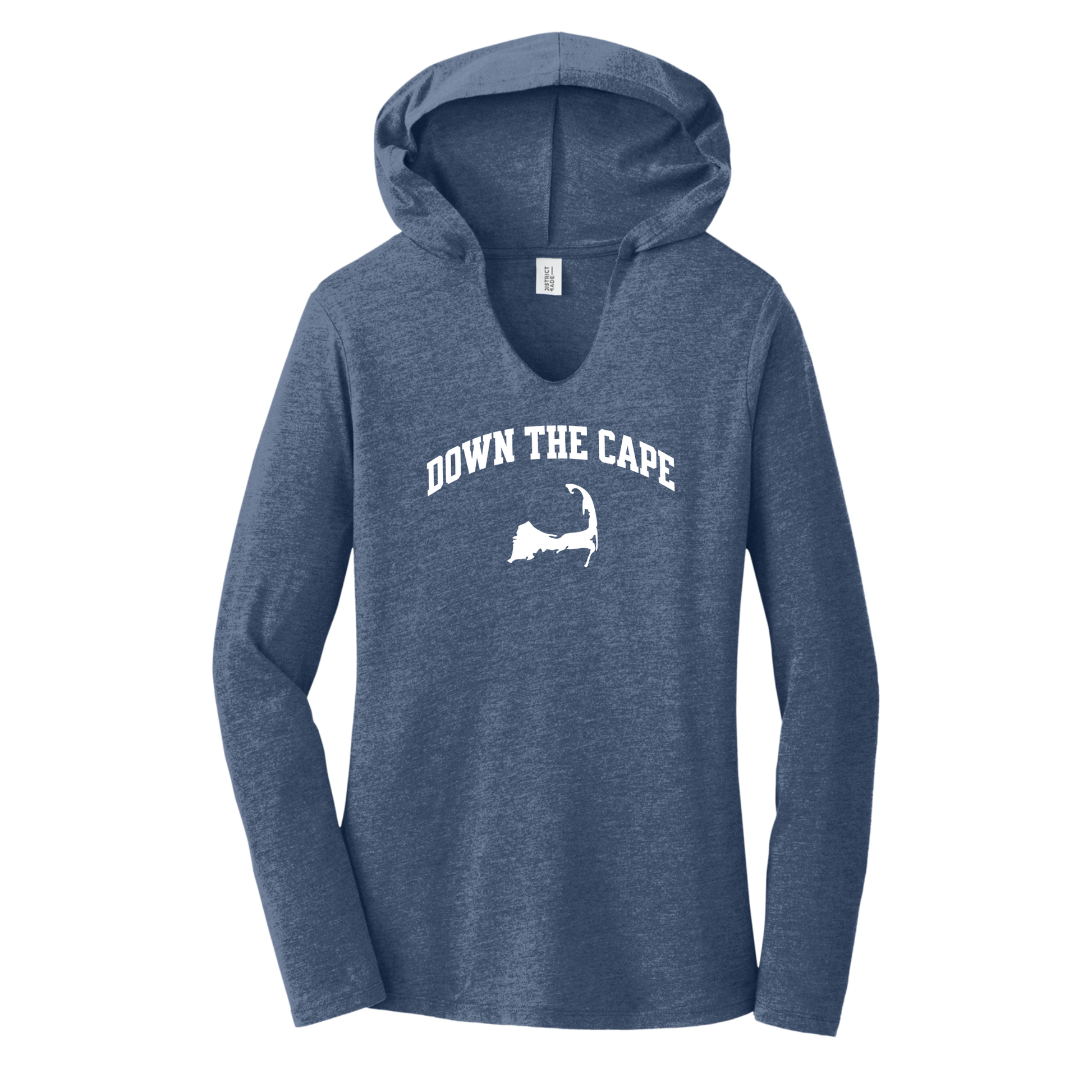 A women's heathered blue long-sleeve V-neck hoodie with 'DOWN THE CAPE' and a Cape Cod silhouette printed in white on the chest, shown on a plain white background.