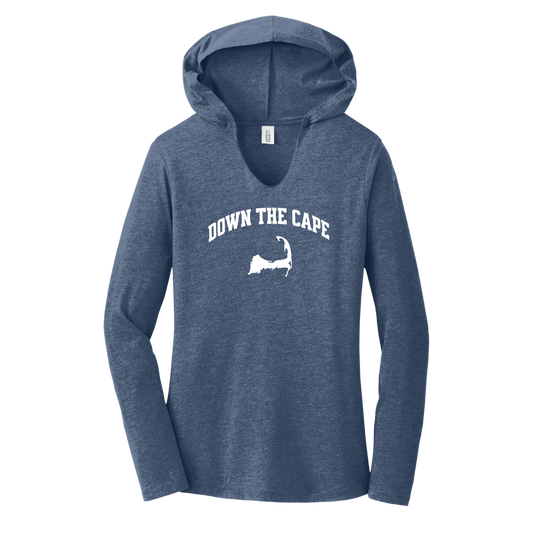 A women's heathered blue long-sleeve V-neck hoodie with 'DOWN THE CAPE' and a Cape Cod silhouette printed in white on the chest, shown on a plain white background.