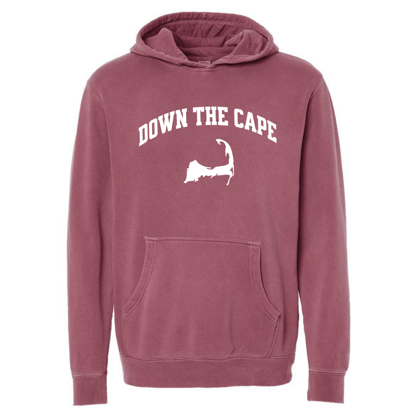 nantucket red hoodie with 'Down The Cape' text and logo on a white background