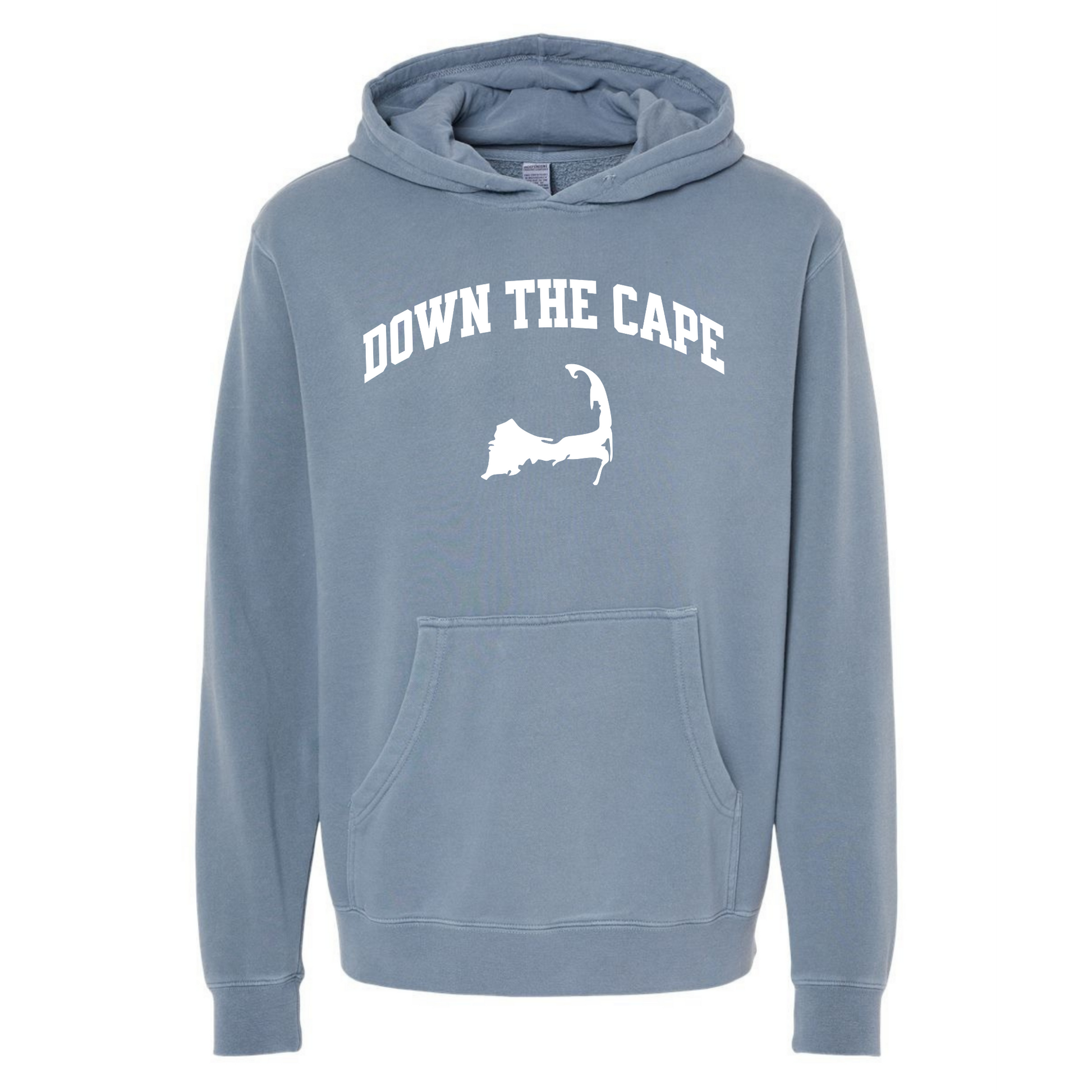 Blue hoodie with 'Down The Cape' text and logo on a white background