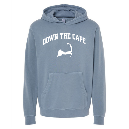 Blue hoodie with 'Down The Cape' text and logo on a white background