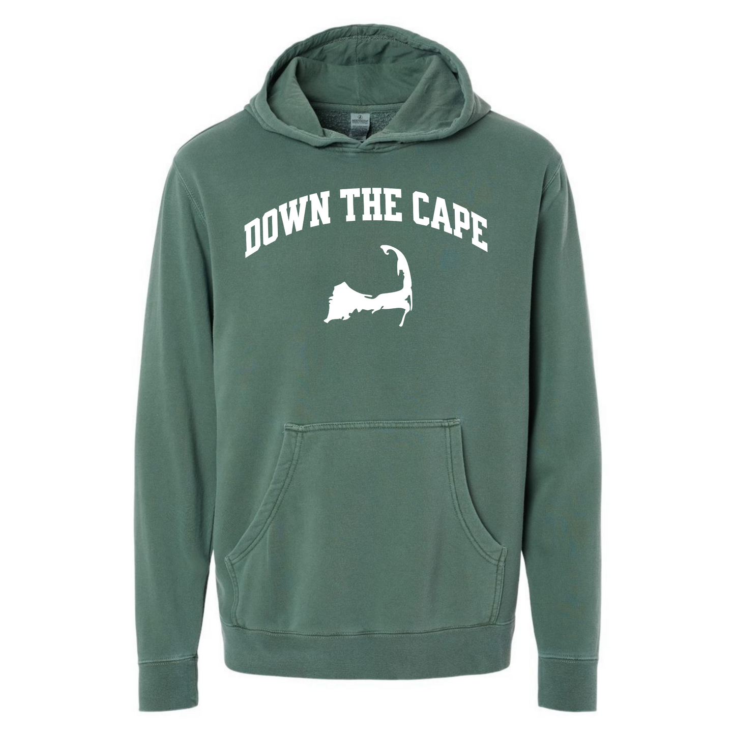 Green hoodie with 'Down The Cape' text and logo on a white background