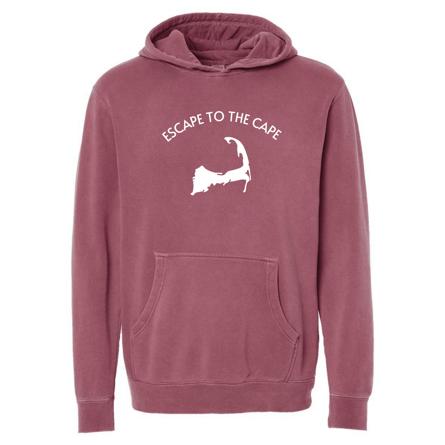 Maroon hoodie with 'Escape to the Cape' text and graphic on a white background