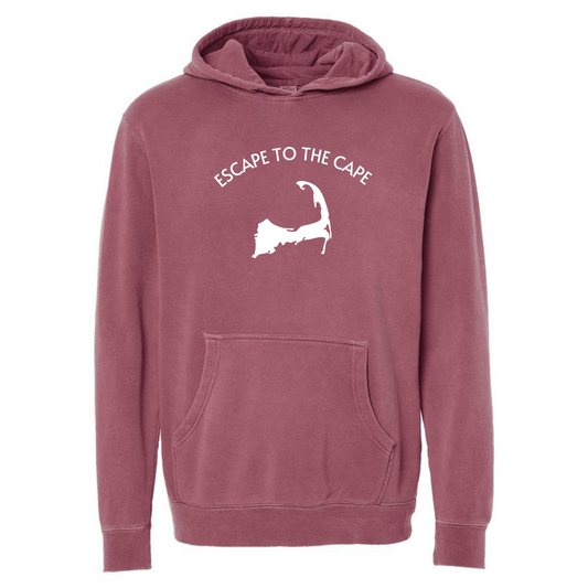 Maroon hoodie with 'Escape to the Cape' text and graphic on a white background