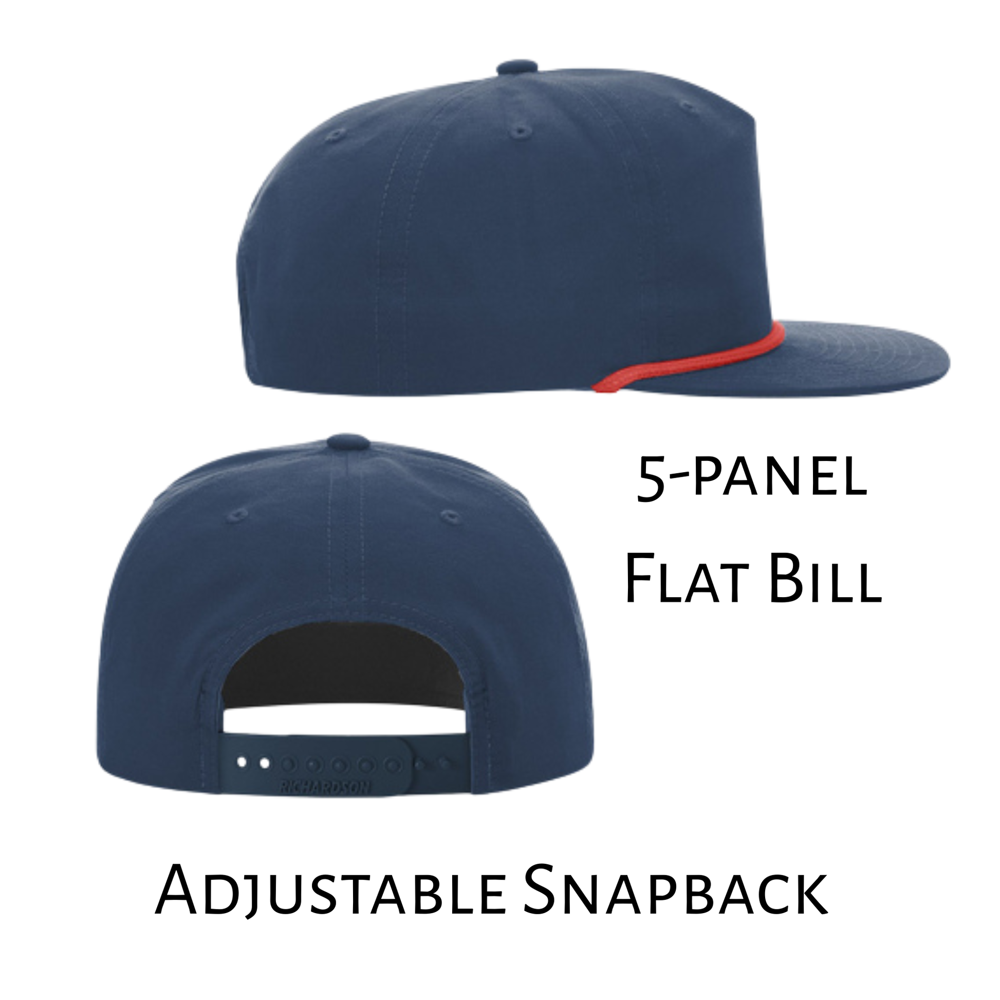 Navy blue cap with red accent rope shown from side and back angles
