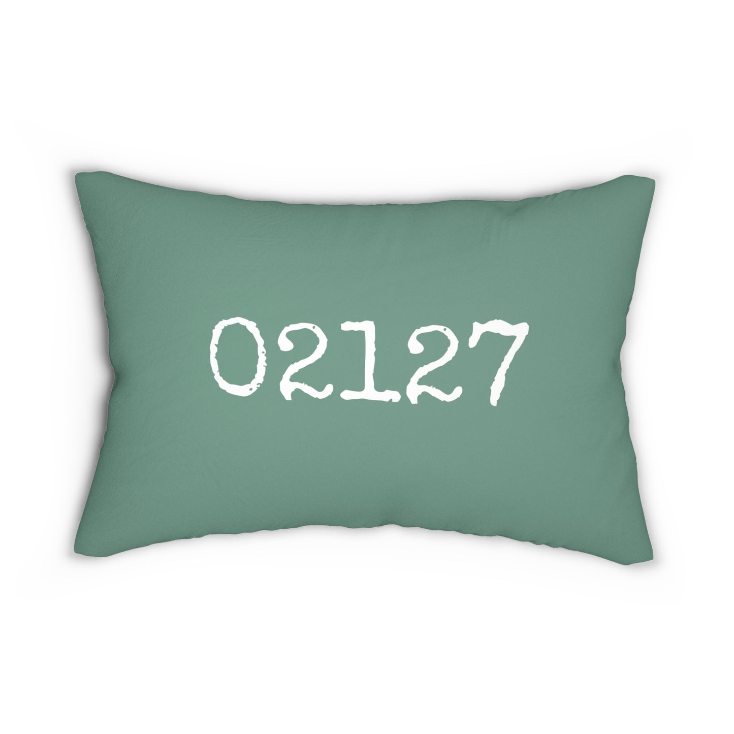 Green pillow with white text  and south boston zip code '02127' on a white background