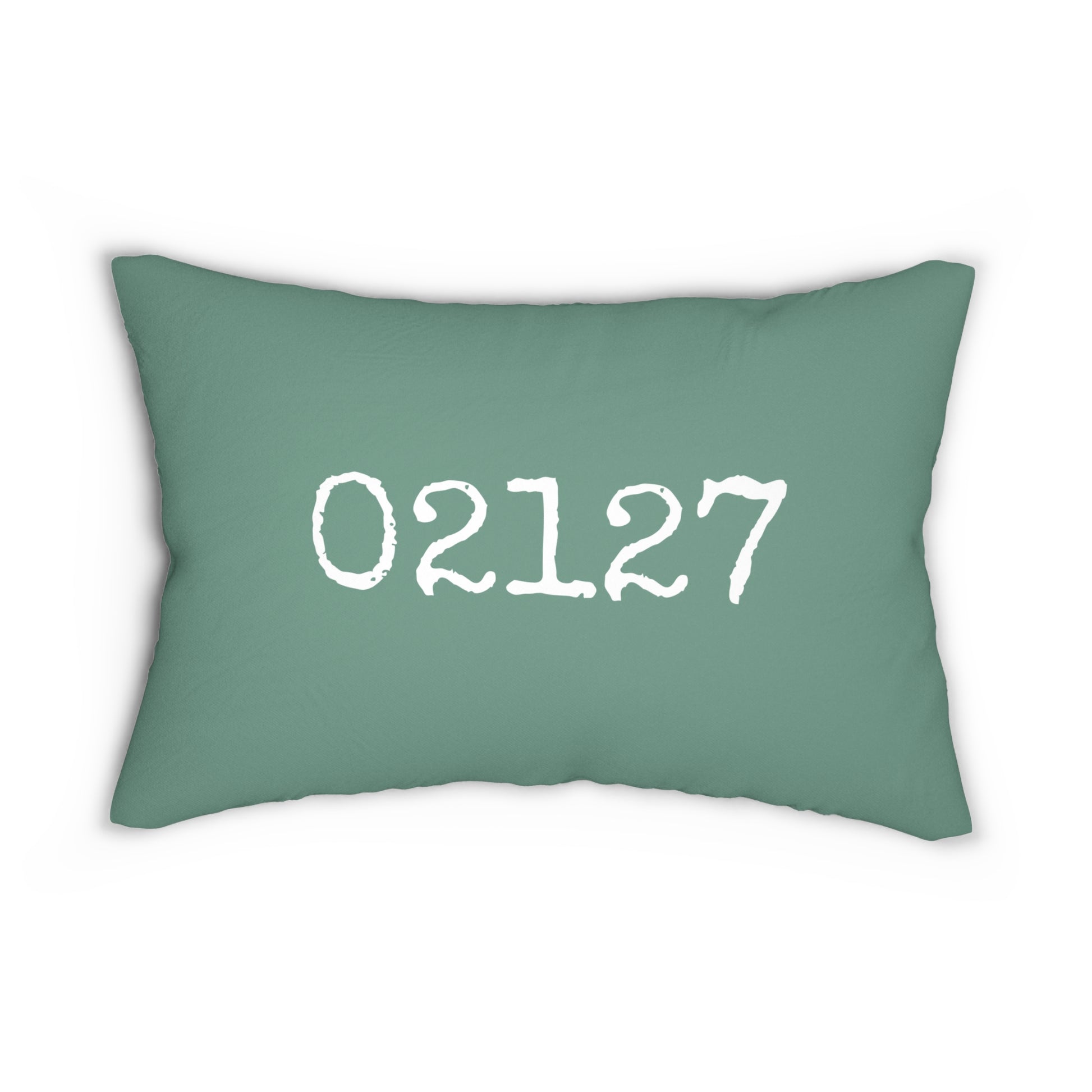 Green pillow with white text  and south boston zip code '02127' on a white background