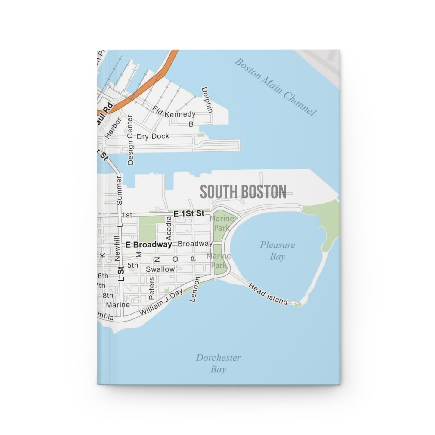 Map of South Boston on a light blue background used as the cover for a hardcover journal