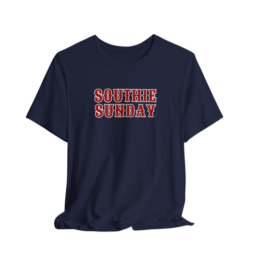 Navy blue t-shirt with 'SOUTHIE SUNDAY' text in red and white on a white background