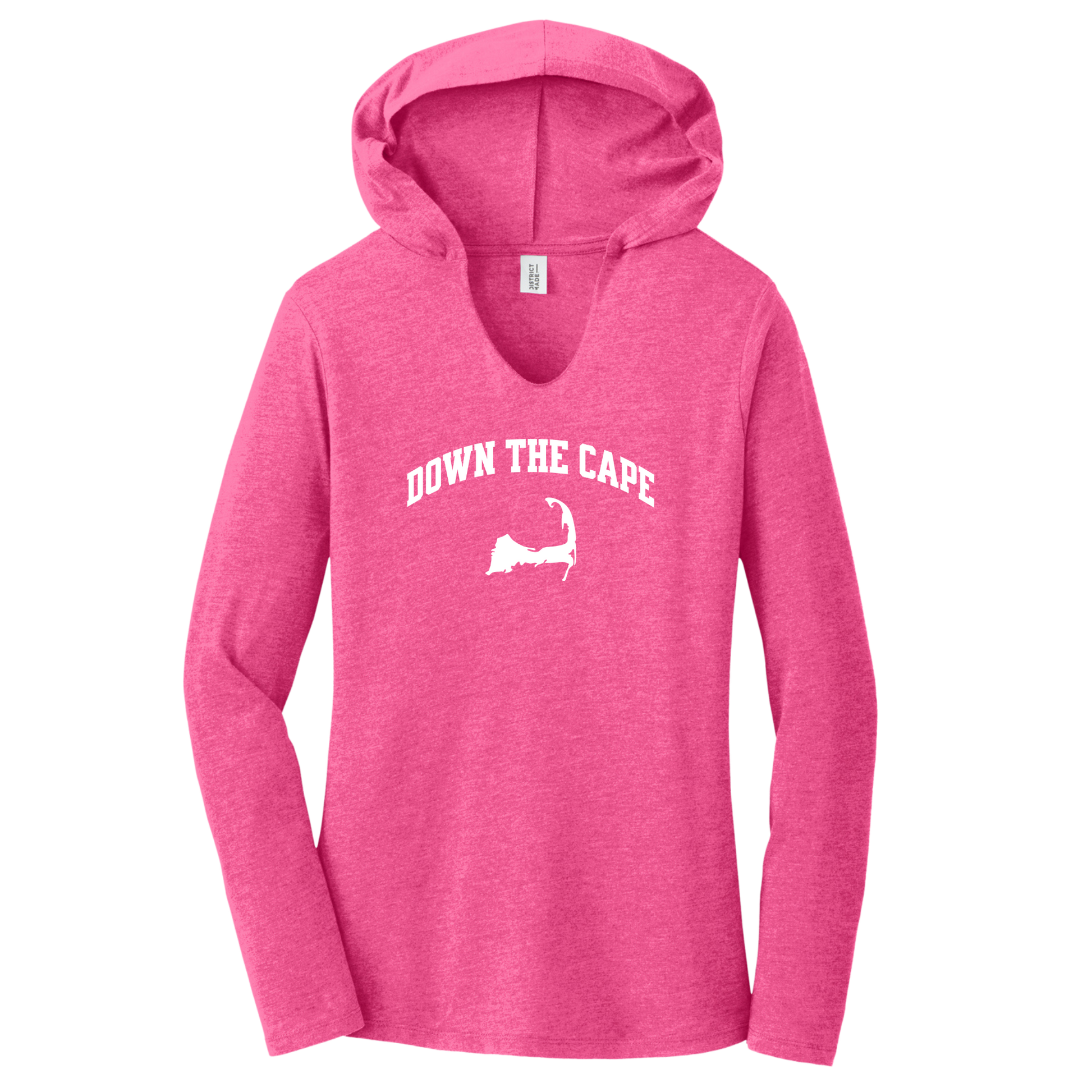 A women's heather pink long-sleeve V-neck hoodie with 'DOWN THE CAPE' and a white silhouette graphic on the chest, shown on a plain white background.