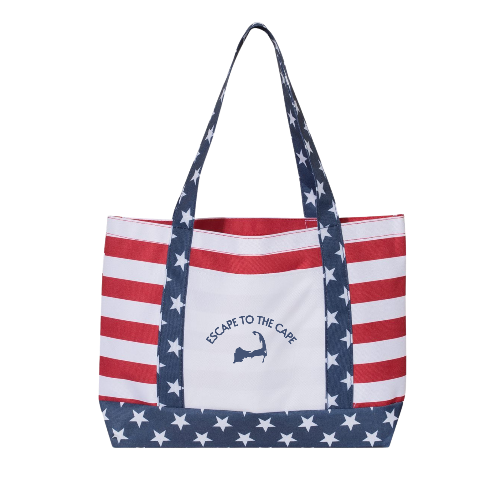Tote bag with American flag design and 'Escape to the Cape' text on a white background