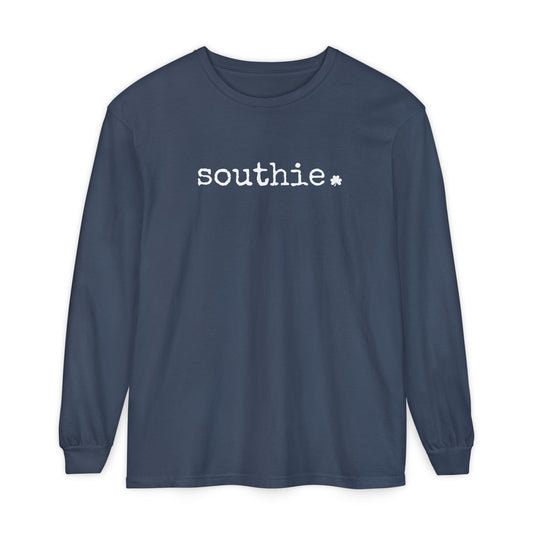 navy blue long sleeve comfort colors t shirt with the word southie and a small shamrock in white ink