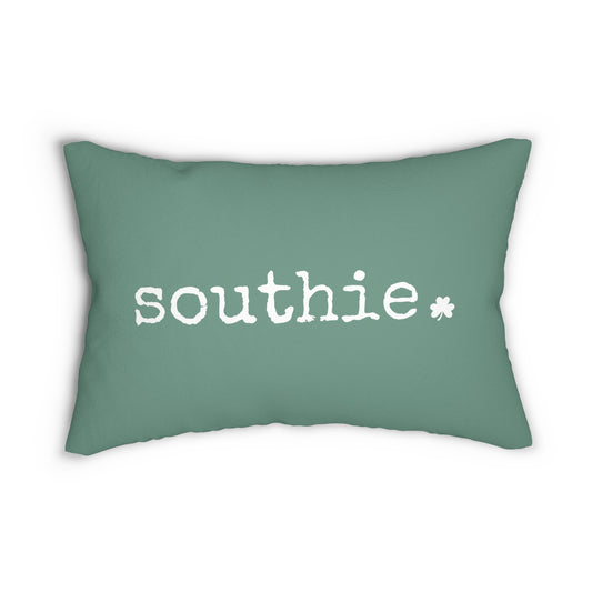 Green pillow with 'southie' text on a white background with a small white shamrock